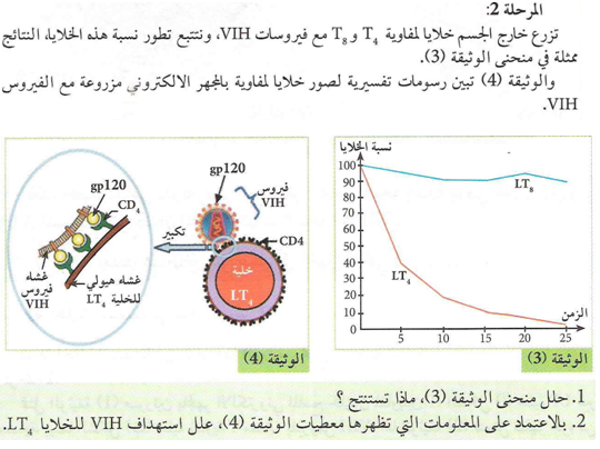 منحنى تطور نسبة الخلايا لمزعة مع الفيروس: منحنى LT8 شبه ثابت ومنحنى LT4 متناقص بشدة حتى يقترب من الصفر، مع مخطط توضيحي لتثبيت فيروس VIH (gp120) على المستقبل CD4 لخلية LT4